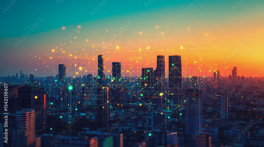 Fototapeta premium sunrise Aerial view of Smart digital Innovation city with connection network reciprocity over the cityscape. of future smart wireless digital city and social media networking systems that connects