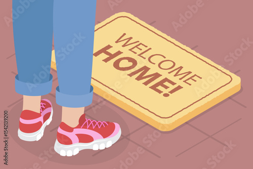 3D Isometric Flat Vector Illustration of Welcoming Front Door Mat, Home Rug On Apartment Entrance