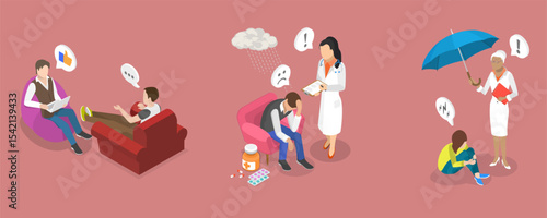 3D Isometric Flat Vector Illustration of Psychologist Talking with Patient, Depicting Mental Health Conditions