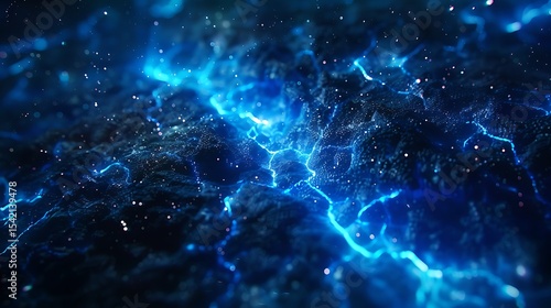 Abstract digital landscape with vibrant blue energy patterns.