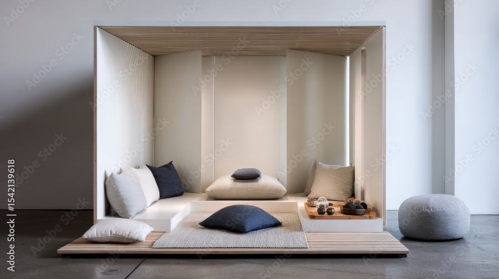Fototapeta premium A modern minimalist interior featuring cozy cushions and a tranquil atmosphere for relaxation and rejuvenation.