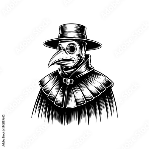 The Enigmatic Plague Doctor: A striking portrait of a plague doctor, clad in a distinctive beak-like mask, embodies the historical era of the black death in an intricately detailed illustration. 