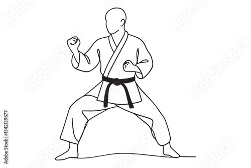 Simple drawing of a martial artist in fighting position, conveying power and dedication, clean and bold line art.