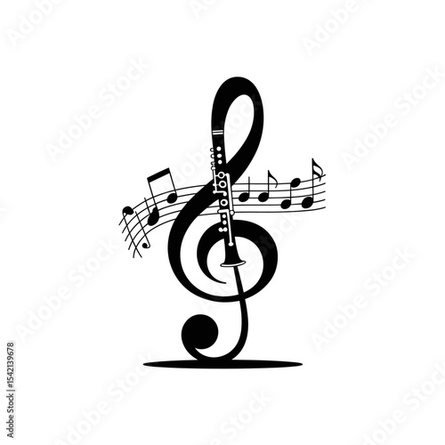Clarinet Treble Clef: A stylized clarinet nestled within a treble clef, accompanied by flowing musical notes, creates a visually appealing image perfect for musical themes.