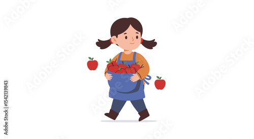 A girl with red apples in an apron walks happily