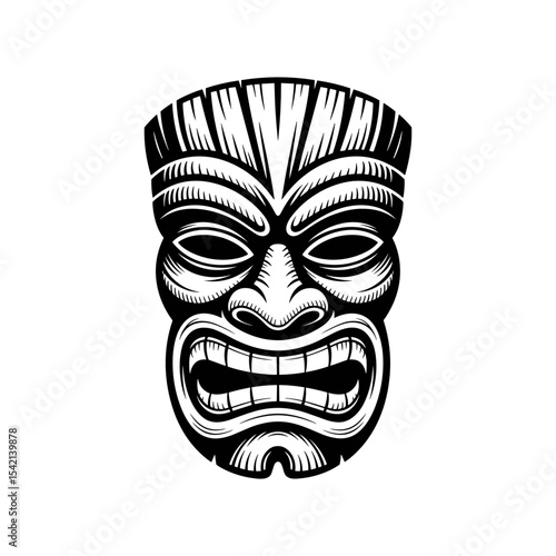 Tiki Mask Illustration: Captivating black and white artwork of a tiki mask, showcasing intricate carvings and traditional design, perfect for cultural and decorative uses.