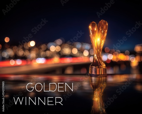 Award ceremony night, golden trophy, city lights