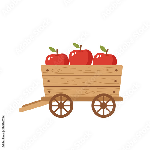 Wooden cart filled with red apples on a white background with copy space