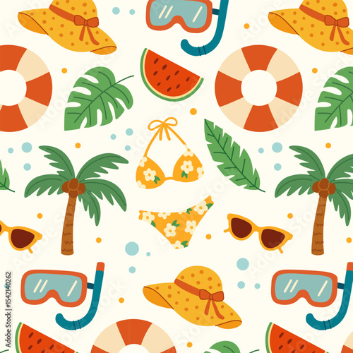 Pattern of summer beach set. Flat hand drawn illustration. Palm trees, shells swimsuit, tropical leaves, hat, sunglasses, bag, flip flops. Perfect for packaging, textiles, backgrounds, cards, prints.