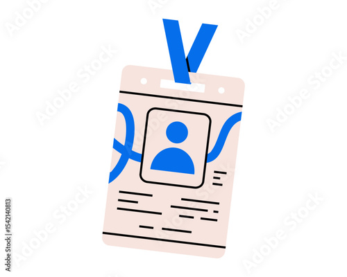 Hand drawn cute illustration of id card. Flat vector corporate badge with lanyard doodle. Company personal identification. Worker identity icon. Security access pass. Employee authentication. Isolated
