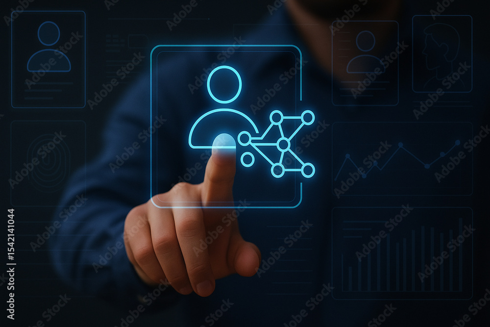 Fototapeta premium Futuristic User Interface with Machine Learning Profile Touch Interaction, Glowing Holographic Network Data, Biometrics, Analytics, AI Concept Image