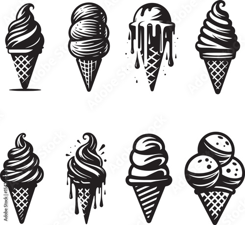 Black and white vector template of an ice cream cone designed in a minimal style suitable for icons packaging logos dessert illustrations and modern graphic projects