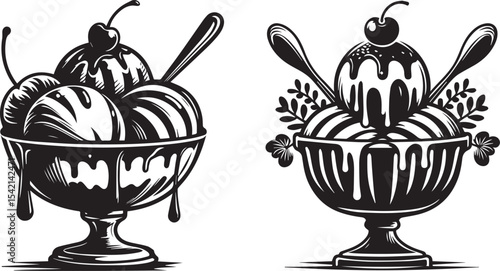 Two retro style black and white ice cream sundae vector illustrations with cherries and spoons perfect for dessert menus vintage diners and sweet treat themed designs