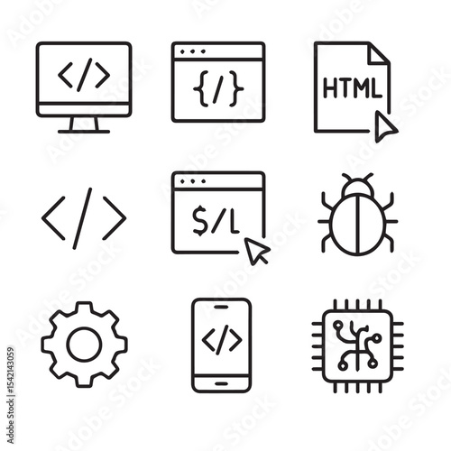 Minimal Black Line Icons – Computer, Code, Programming, Web Development & Tech Symbols

