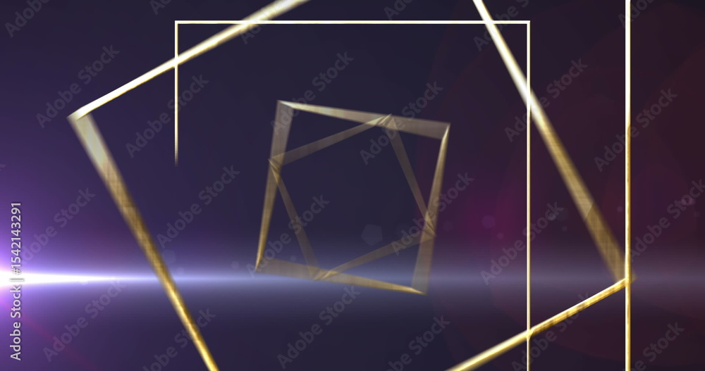 Showing golden cube rotating in gradient field with golden frames and lens flare effects Showing golden cube rotating in gradient field with golden frames and lens flare effects