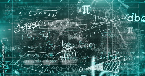Displaying teal-green interface showing math symbols and equations on HUD, with grid lines