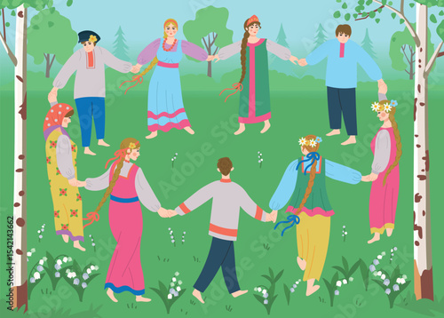 Round dance. Men and women in Slavic costumes dance a round dance. Cartoon flat illustration in forests with green grass and birches
