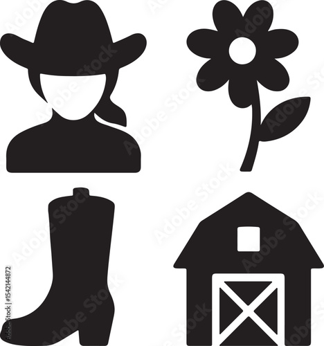 Rustic Lifestyle Identity – Cowboy Hat Person, Flower, Barn, Suitcase – Silhouettes for Country Travel Branding, Farmhouse Decor Packaging, Rural Personality Campaigns, and Agrarian Tourism Promotion