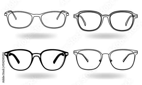 Minimalist Line Art Eyeglass Frames Set  Black Outline Spectacles Collection on White Background