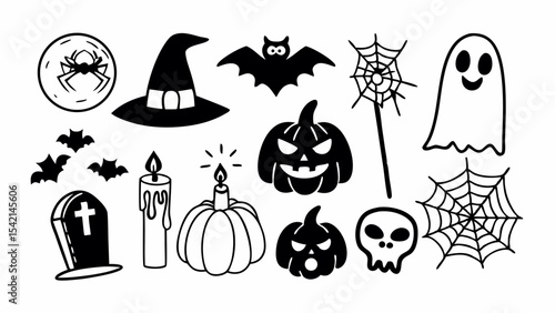 Halloween doodle icon set, spooky hand drawn vector elements, black and white holiday silhouettes, 14 festive autumn clip art graphics