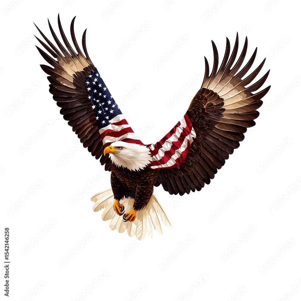 Fototapeta premium Majestic bald eagle with American flag wings soaring in flight, Bald eagle soaring in flight, its wings adorned with the American flag, isolated on transparent background