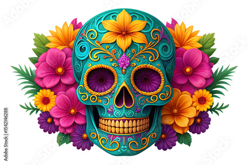 Wallpaper Mural Vibrant teal sugar skull with ornate design and colorful flowers isolated on transparent background Torontodigital.ca