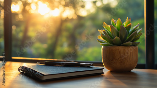 A sleek laptop sits on a garden table surrounded by a potted succulent and lush green flora, blending modern technology with the natural growth of spring botany