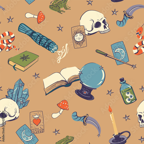 Seamless vector pattern for Halloween. Witchcraft, fortune telling and occultism concept. Crystal ball, skull, ritual knife, magic wand, tarot cards, snake and grimoire with spells.