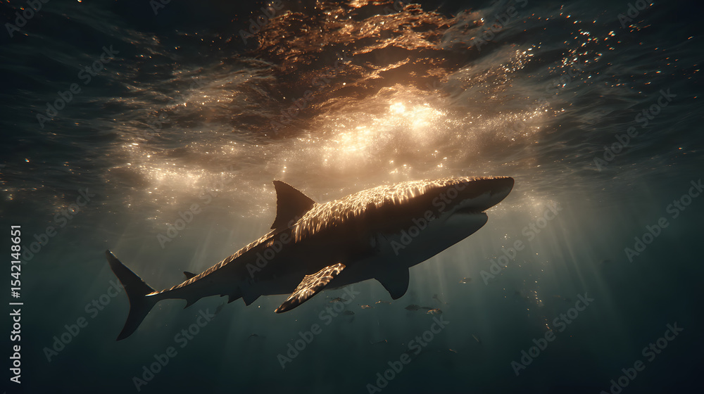 Naklejka premium Silhouetted shark gliding through deep ocean with dramatic light rays above.
