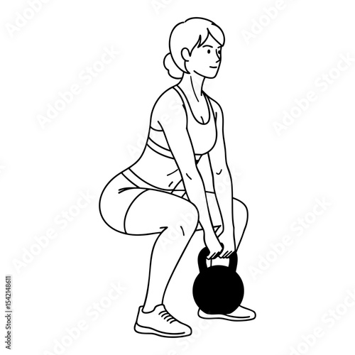 Fit woman lifting a kettlebell line art illustration