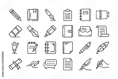 Writing and Office Supplies Icon Set in Outline Style
