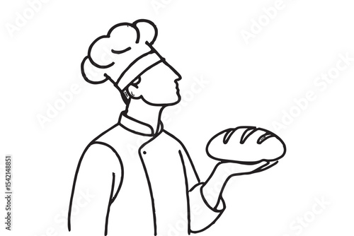 Line art of a chef holding a freshly baked loaf of bread