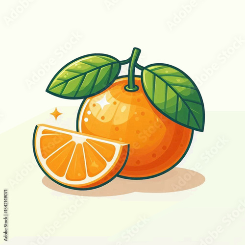 Cartoonstyle orange halved with leaves and stem set against a light background
