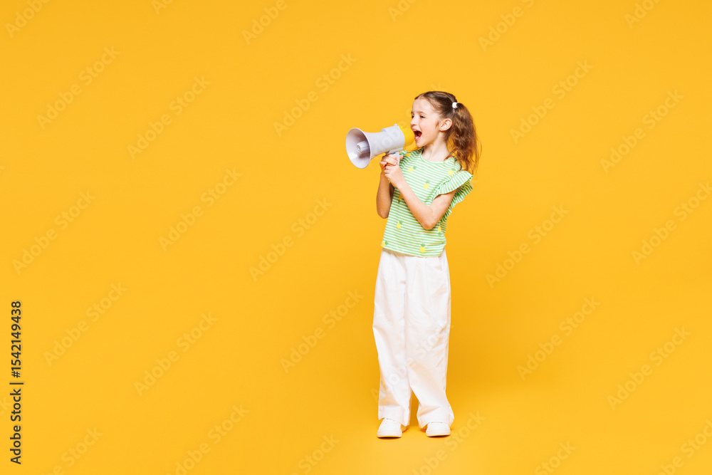 Full body little kid child girl 8-9 years old wear green t-shirt hold in hand megaphone scream announces sale Hurry up isolated on plain yellow background. Mother's Day love family lifestyle concept. Full body little kid child girl 8-9 years old wear green t-shirt hold in hand megaphone scream announces sale Hurry up isolated on plain yellow background. Mother's Day love family lifestyle concept.