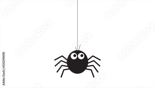 Cute black spider hangs on a spider web isolated on white background. Vector illustration