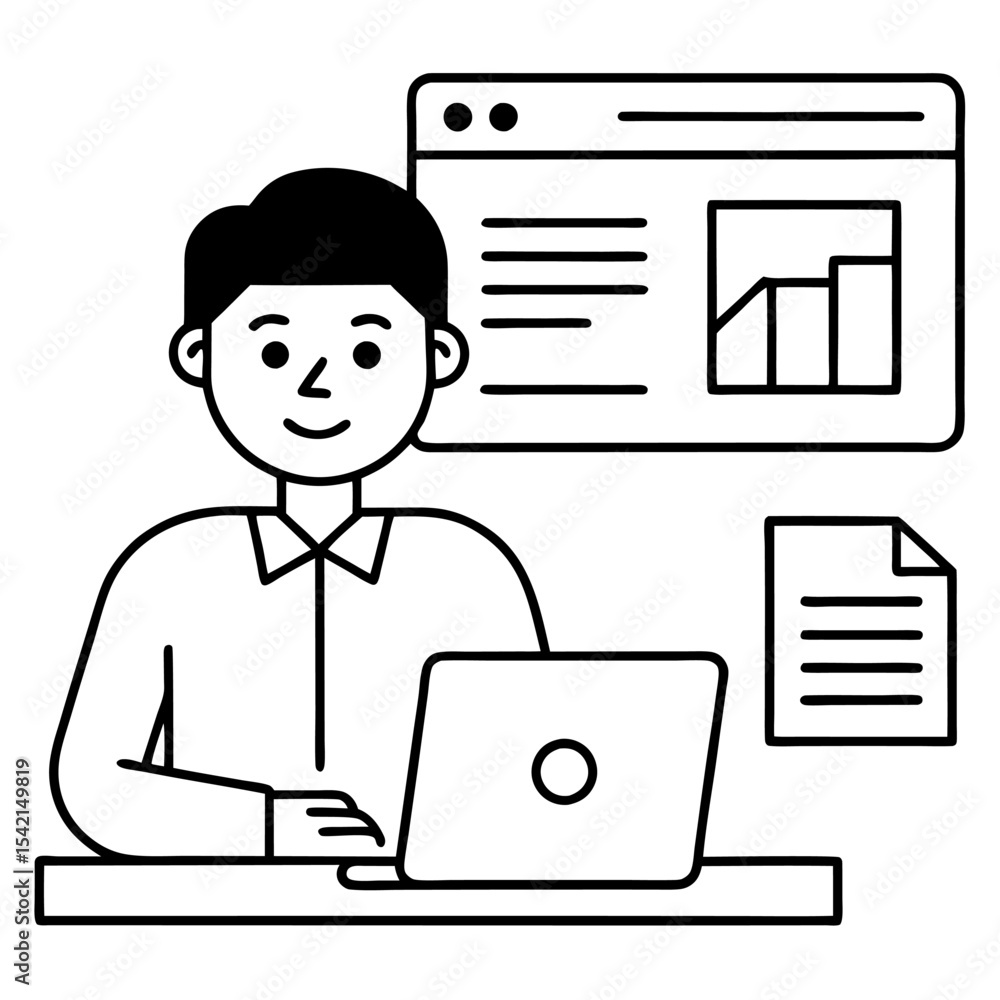 A vector of a man use laptop in his desk outline design Art & Illustration A vector of a man use laptop in his desk outline design Art & Illustration