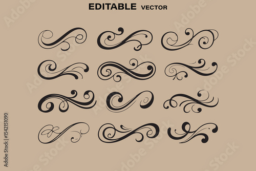 Twelve elegant black swirl design elements for vector graphics