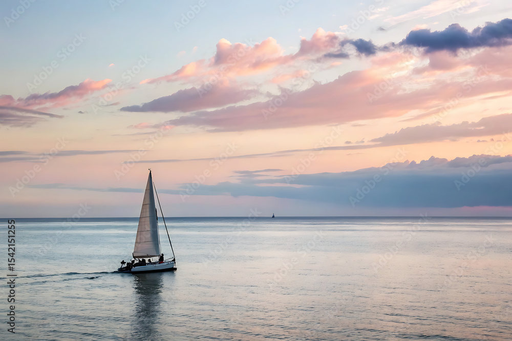 Fototapeta premium Serene Sunset Sailboat Peaceful Ocean Voyage at Dusk