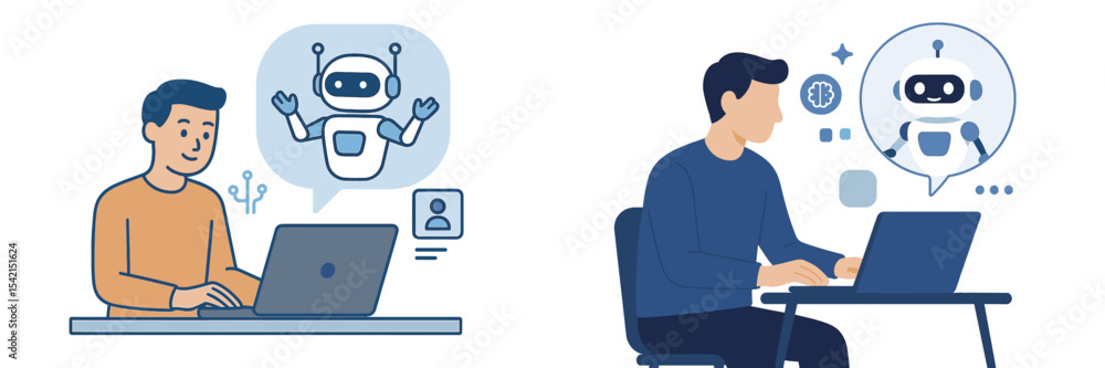 Young professionals engage with AI chatbot technology while working on laptops in a modern office setting Young professionals engage with AI chatbot technology while working on laptops in a modern office setting