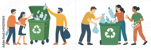 Group of people actively participating in recycling and waste management efforts in a community setting