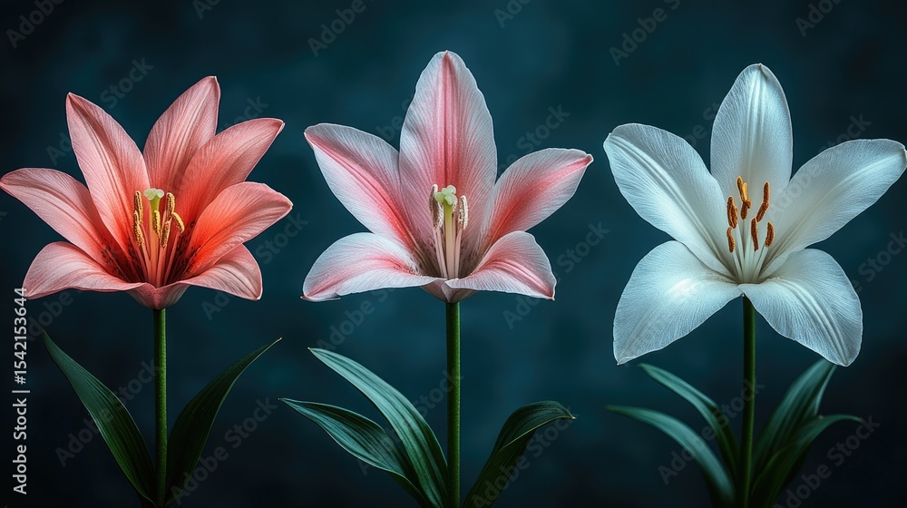 Fototapeta premium Three Lilies in a Dark Studio Setting