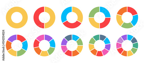 Vector donut charts in a colorful infographic set. Includes circular diagrams with 1 to 10 segments. Great for dashboards, presentations, UI design, and data visualization. Illustration on white backg