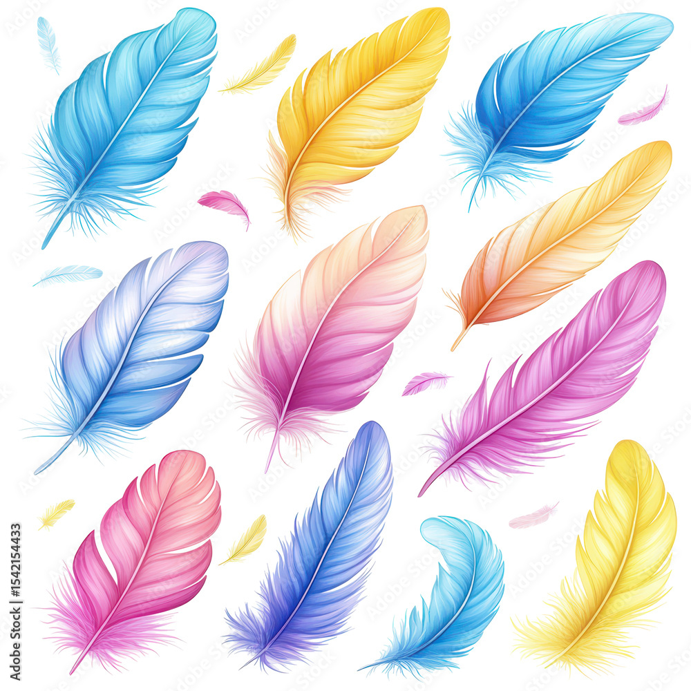 Vibrant Feathers: A collection of brightly colored feathers floats gracefully, each showcasing unique hues and textures, perfect for adding a touch of whimsy and artistic flair to any project. Vibrant Feathers: A collection of brightly colored feathers floats gracefully, each showcasing unique hues and textures, perfect for adding a touch of whimsy and artistic flair to any project.
