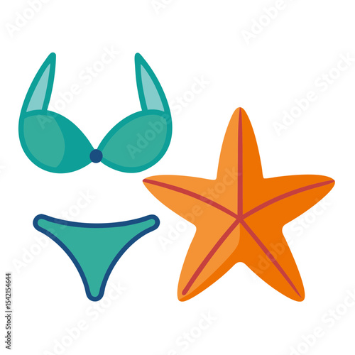 Summer holiday beach scene with a bikini and a starfish illustration