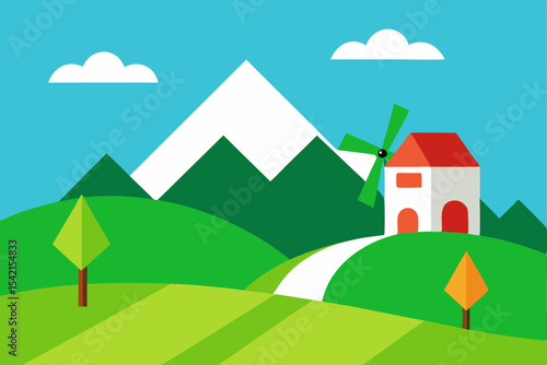 Cartoon landscape vector illustration of a house on a hill with a bright sky, green grass, and trees