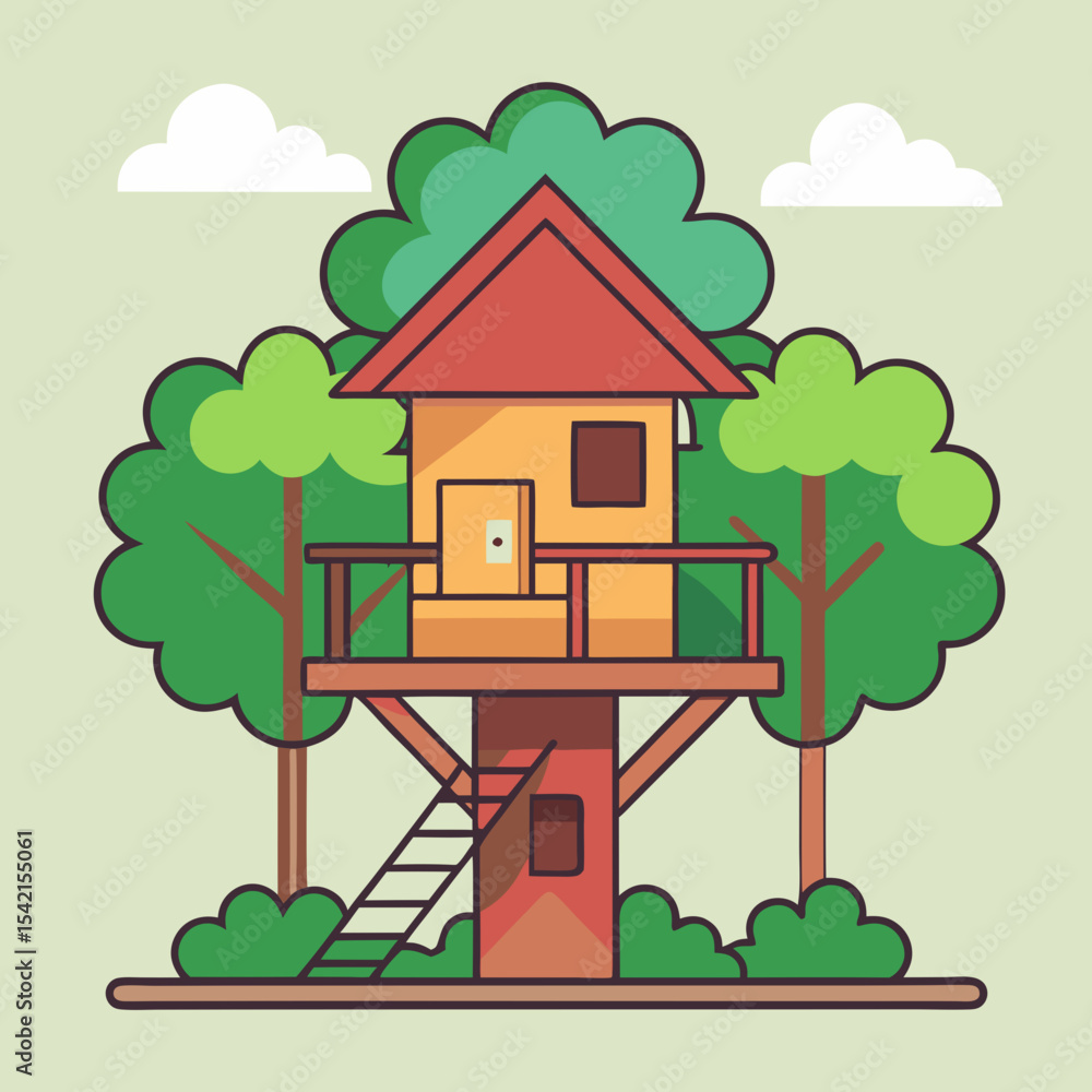 Fototapeta premium Delightful Treehouse with Ladder Among Trees and Clouds in a Stylized Setting