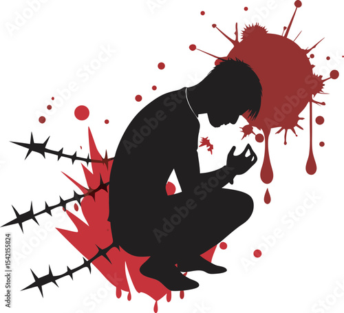A Silhouette of Emotional Pain: A Person Crumbling Amid Red Splashes and Barbed Circular Thorns
