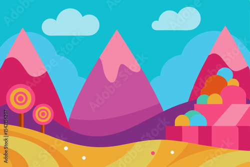 Winter vector illustration of a mountain landscape with trees, sky, and clouds at sunset
