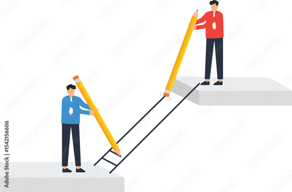 Business Collaboration, Teamwork, and Problem Solving, depicting two business people collaboratively bridging a gap using oversized pencils as a bridge, concepts of teamwork, creative, Business Collaboration, Teamwork, and Problem Solving, depicting two business people collaboratively bridging a gap using oversized pencils as a bridge, concepts of teamwork, creative,