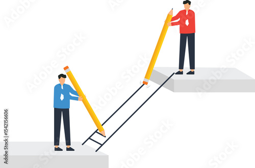 Business Collaboration, Teamwork, and Problem Solving,  depicting two business people collaboratively bridging a gap using oversized pencils as a bridge, concepts of teamwork, creative,